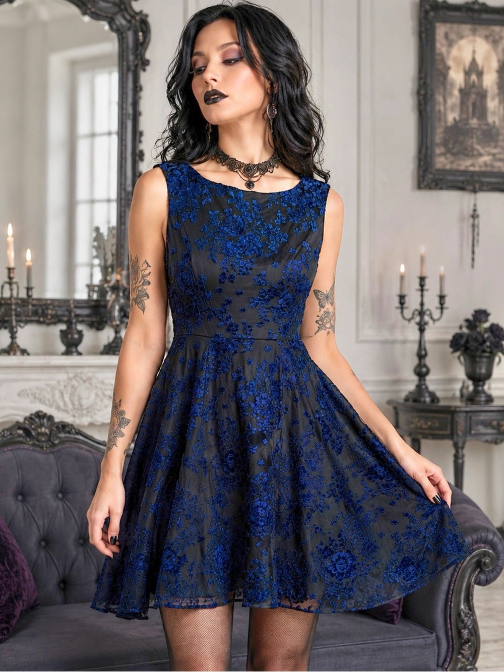 Betsey Johnson Dark Romantic Goth Velvet Burnout Skater Dress in Black and Blue